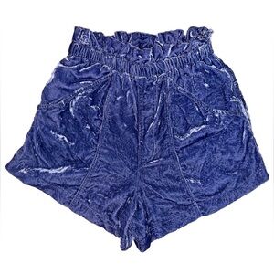 Free People At First Sight Plush Blue Velvet Elastic Paper Bag Shorts Size Small